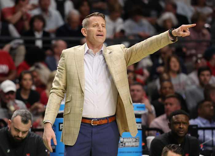 Mar 16, 2023; Birmingham, AL, USA; Alabama Crimson Tide head coach Nate Oats reacts against the Texas A&M-CC Islanders during the first half in the first round of the 2023 NCAA Tournament at Legacy Arena. Mandatory Credit: Vasha Hunt-USA TODAY Sports